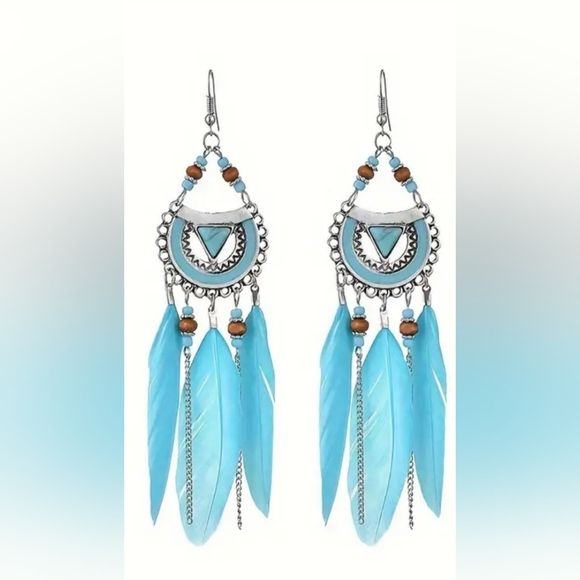 2/30$ Or 3/$35 Western Boho Silver Butterly Blue Feather Earrings Preppy (#046) - Picture 2 of 4